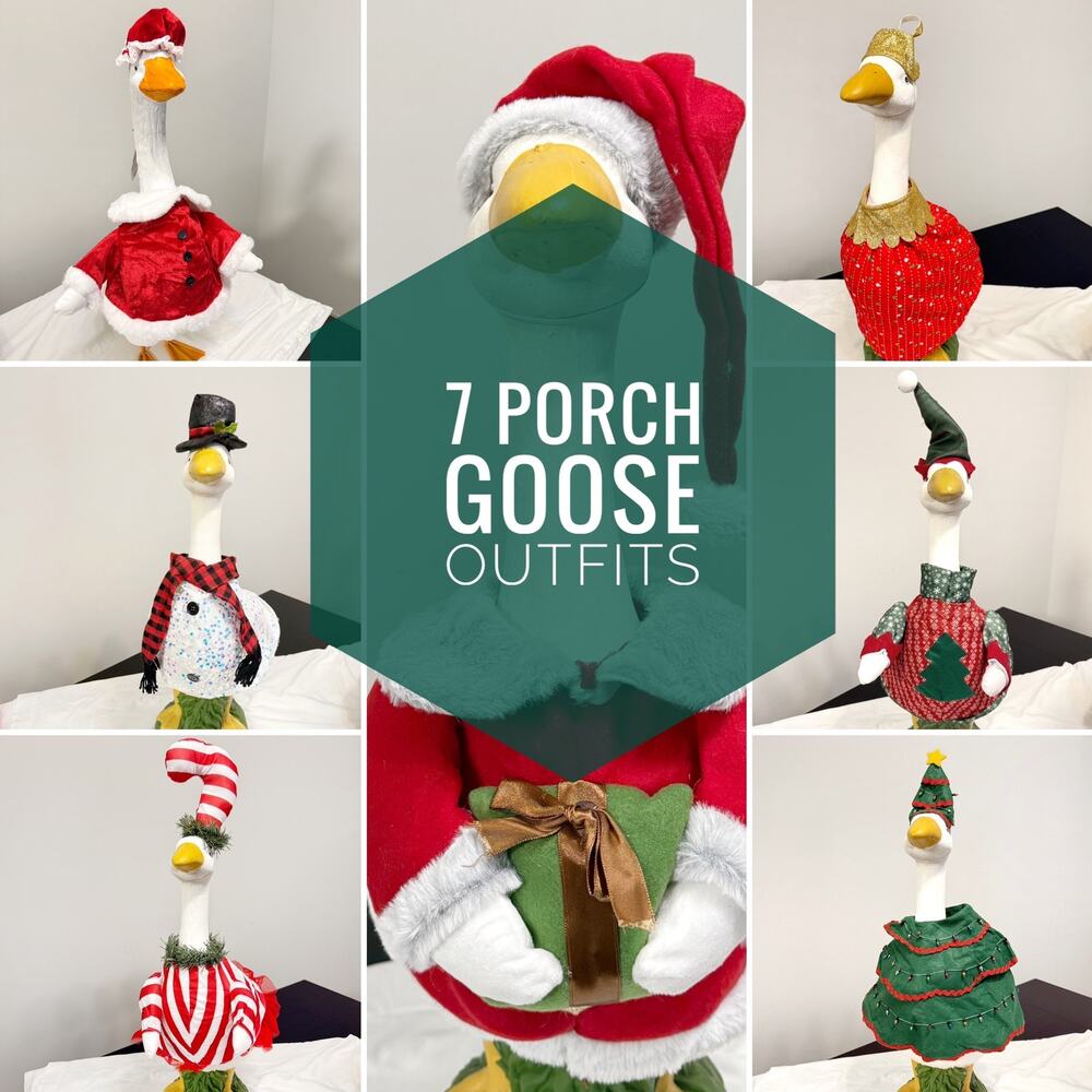 Porch Goose Christmas Outfits Bundle - 7 Santa Candy Cane Snowman Tree